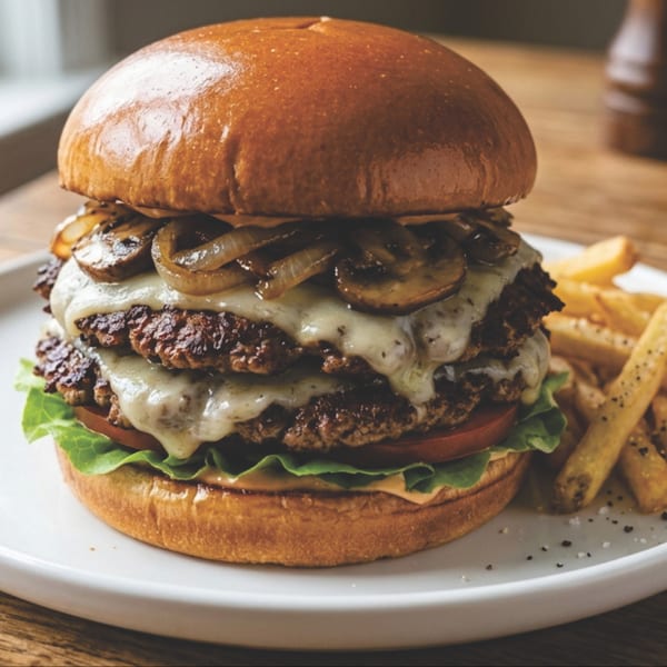 Double cheeseburger with sautéed mushrooms and onions, lettuce, tomato, and a side of fries.
