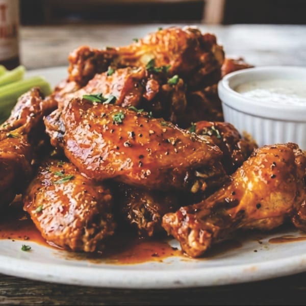 A plate of saucy chicken wings with celery sticks and a side of ranch dressing.