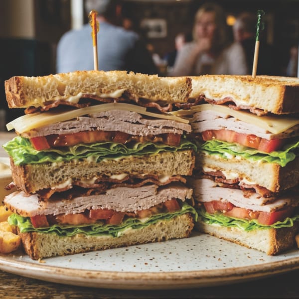 A large, multi-layered club sandwich with turkey, bacon, lettuce, tomato, and cheese.