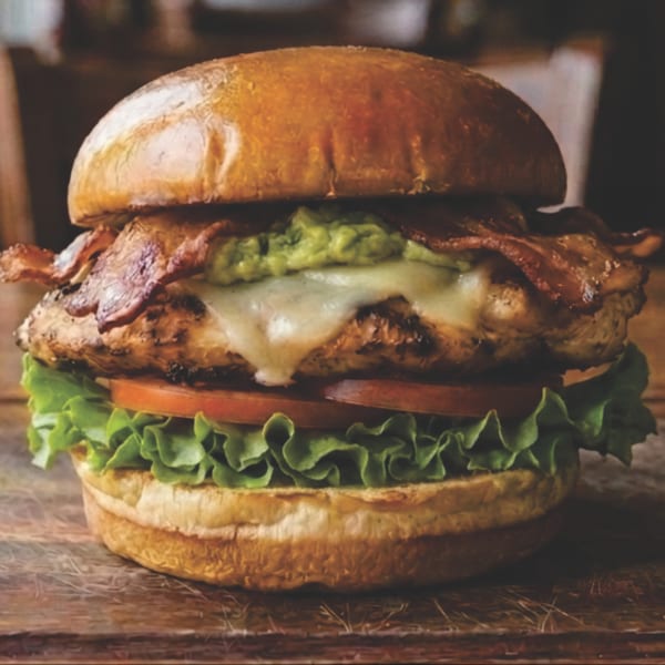 Grilled chicken sandwich with bacon, melted cheese, guacamole, lettuce, and tomato on a bun.
