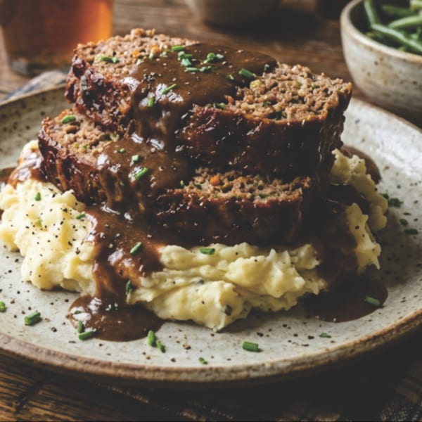 Two slices of meatloaf with gravy and chives, served over mashed potatoes on a speckled plate.